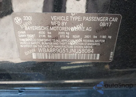 2018 BMW 330I from USA, damaged, VIN WBA8B9G51JNU58084